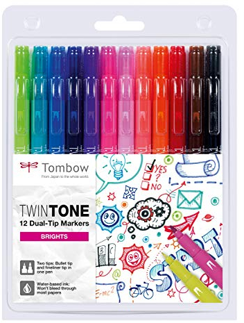 Tombow WS-PK-12P-1 Twintone Marker Set 12-Pack, Dual-Tip, Bright, bunt