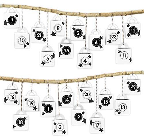 Papierdrachen DIY Adventskalender zum Befüllen - 24 Henkelkisten mit schwarz-weißen Zahlenaufklebern von 1-24 – zum selber Basteln und individuellen Gestalten – Weihnachten 2022