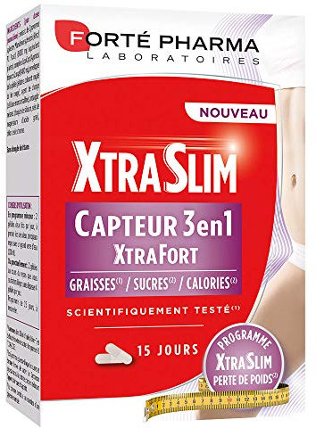 Forté Pharma - XtraSlim Capteur 3en1 - Complement alimentaire Minceur 3 en 1, Capteur de Graisses, Capteur de Sucres et Réduit les Calories - Fibres naturelles, Sans gluten, sans lactose - 60 gélules