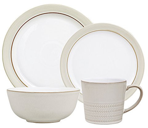 Denby CNV-16PCT Natural Canvas (4 Dinner Salad Plate, 4 Cereal Bowl, 4 Mug) Dinnerware Set, Stoneware, White Neutral