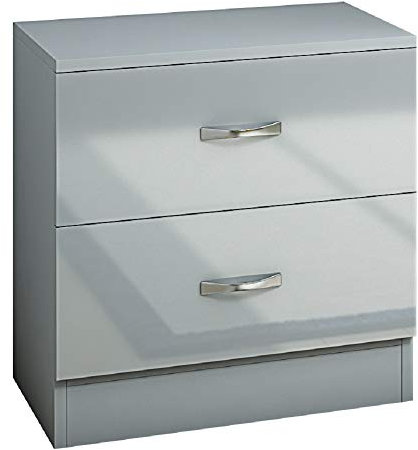 FWStyle 2 Drawer High Gloss Grey Bedside Cabinet Modern Bedroom Furniture & Storage Polished Metal Handle