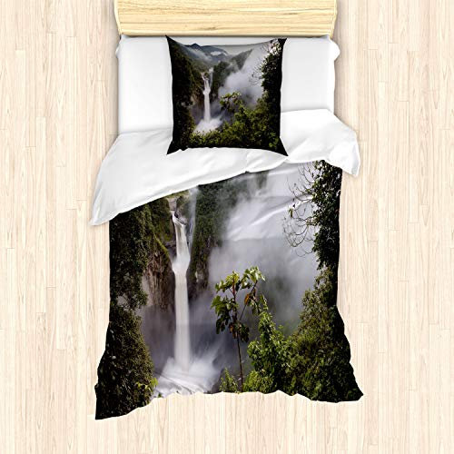 ABAKUHAUS Natur Bettbezug Set für Einzelbetten, San Rafael Wasserfälle, Milbensicher Allergiker geeignet mit Kissenbezug, Grün Grau