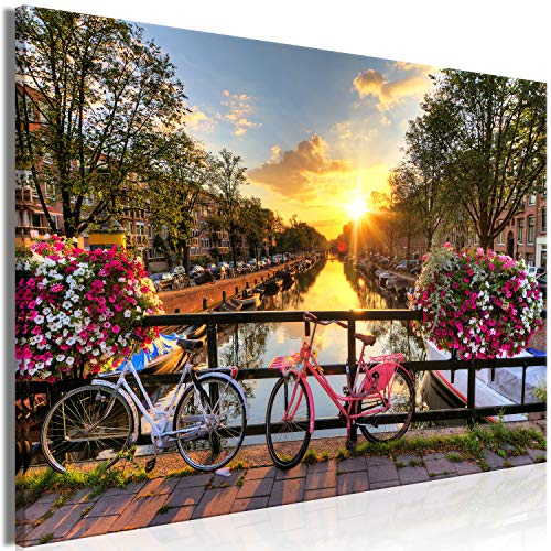 B&D XXL - Wandbilder Landschaft 60x40 cm 1 tlg - Wand Deko Vlies Leinwand Bilder Groß Wanddeko Wohnzimmer Schlafzimmer Kunstdrucke - Niederland Fahrrad Stadt Architektur Amsterdam