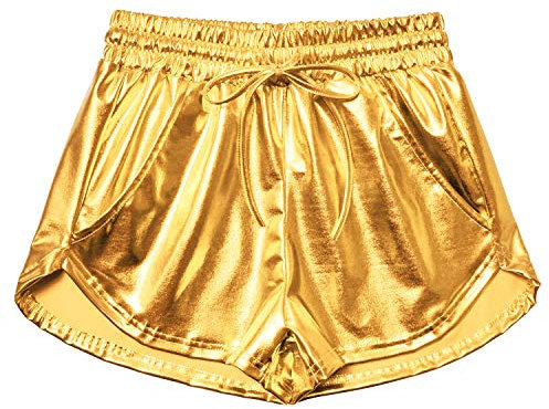 Damen Metallic Shorts Yoga Glänzend Glitzernd Hot Kordelzug Outfit Kurze Hose, Gold 2, Mittel