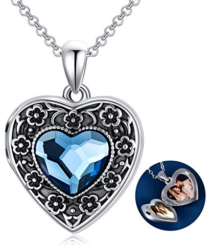 AOBOCO Medaillon Kette Sterling Silber 925 Damen Liebesherz Blume Halskette, Amulett Medaillon zum öffnen für Bilder Foto mit Kristallen, Geschenke für Freundin Frau Mutter (Blau)