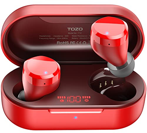 TOZO T12 Kabellose Ohrhörer Bluetooth Kopfhörer mit Premium-Klangqualität, LED-Digitalanzeige und IPX8 Wasserdichten Kopfhörer Kabellos, Integriertem Mikrofon in Rot