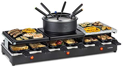 Klarstein Fonduelette XL - 3-in-1 Raclette-Grill & Fondue, 1650 Watt: Metall- /Naturstein-/Crêpesplatte, 3 separate Edelstahl-Heizelemente, bis 12 Personen, Antihaftbeschichtung, schwarz