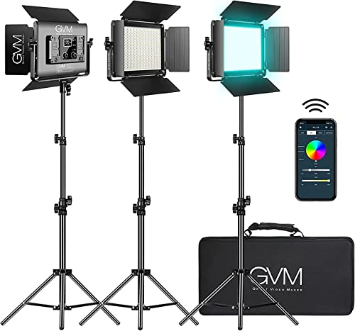 GVM 880RS RGB Videoleuchte Panel mit Lichtstativ, 3er Pack 60W LED Fotolicht 11200Lux/0,5m 3200K-5600K Fotografie Dauerlicht mit 18 Lichteffekt für YouTube Studio Film Streaming APP Steuerung CRI97+