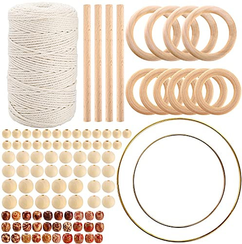 ZEAYEA 102 Pcs Macrame Kits for Beginners, 3mm x 220 Yards Natural Cotton Cord with Wooden Beads, Wooden Sticks, Wood Rings and Metal Rings, Macrame Wall Hanging DIY Kit for Macrame Plant Hanger