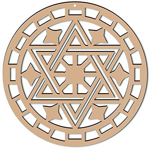 CREATCABIN 12 pulgada Estrella de David Arte de Pared Rejilla de Cristal de Madera Geometría Sagrada Escultura de Pared Cortada con Láser Decoración Colgante Símbolo Espiritual Plano Redondo