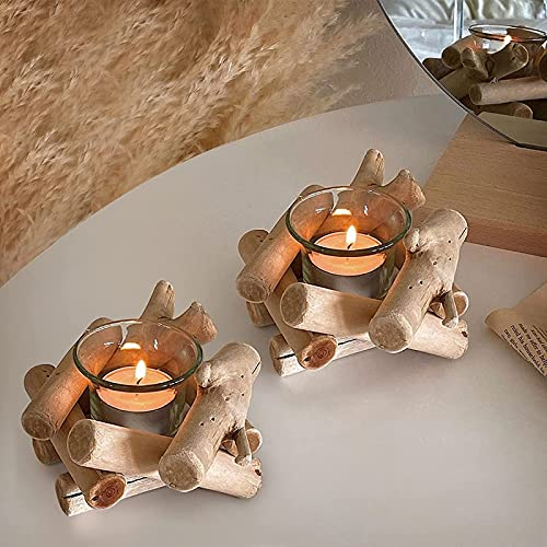 Koomuao 2pcs Bougeoirs en Bois Flotté avec Tasse en Verre de, Style Rustique Support pour Bougie Chauffe-Plat Décoration de Maison, Fête, Bar, Mariage