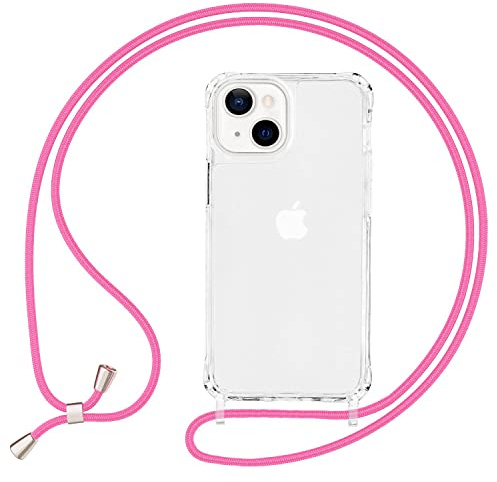NALIA Handykette für iPhone 13 - Hybrid-Case - Hülle, Pink | Kordel ca. 1,60m für Crossbody, Ösen fest im Rahmen eingegossen, Massive Metallenden, Verstärkte Ecken, HANGIT PRO