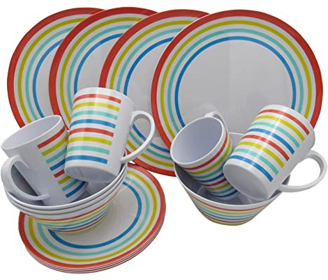 Caravan Camping Melamine Dinner Set 16pc (Picnic BBQ Outdoor Dining Party Tableware Rainbow)