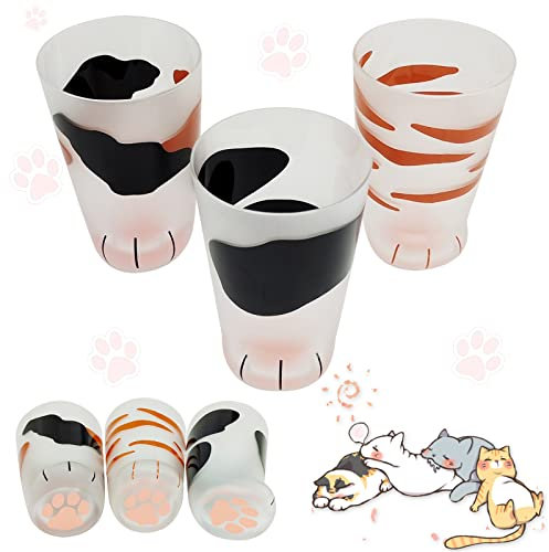 Cat Paw Glass Cup 3 Stück,Katze Pfoten Mattiert Glas Tasse,kreative Katzenklaue,Cat Paw Milk Mug, Milchglas-Tasse,Milch Katze Tassen,Büro, Frühstück Kaffee Becher 300ml (A+B+C)
