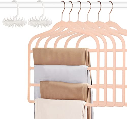 Tinfol Percha de Terciopelo para Pantalones, Ahorro de Espacio con Gancho, 6pc 4 Capas Antideslizantes para Jeans, Rosa Múltiples Perchas para Ropa Organizador de Armario para Jeans Bufanda Toallas