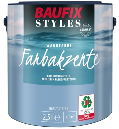 BAUFIX Farbakzente horizontblau, seidenmatt, 2.5 Liter, Bunte Wandfarbe, für Wände und Decken innen, lichtecht, strapazierfähig, hohe Deckkraft
