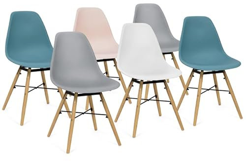 IDMarket - Lot de 6 chaises Sandra Hêtre Mix Color Pastel Rose, Blanc, Gris Clair x2, Bleu x2