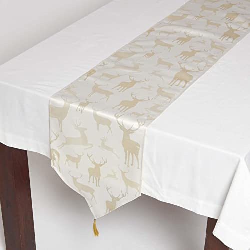 HOMESCAPES Christmas Table Runner Sparkling Gold Christmas Runner 32 x 182 cm with Tassels & Stag Xmas Pattern