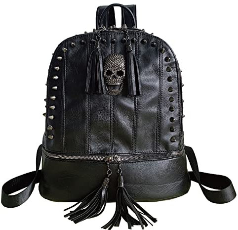 Chikencall Damen Männer Schwarzer Punk Skull Rucksack Nieten Dampf Daypack mit Quasten Reiseschultertasche mit Reißverschluss Rucksack Schwarz