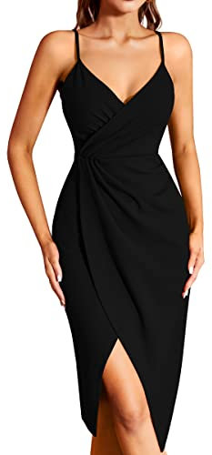 Missufe Robe de cocktail pour femme - Robe d'été - Robe midi festive élégante - Moulante - Sans manches - Bretelles spaghetti - Robe de soirée, Noir , L