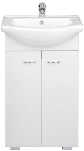 .Deftrans Domodomo Badezimmerschrank mit Waschbecken, 80 x 50 x 26 cm weißer Waschbeckenschrank, Keramik Waschbecken Set, Standschrank für kleines Bad