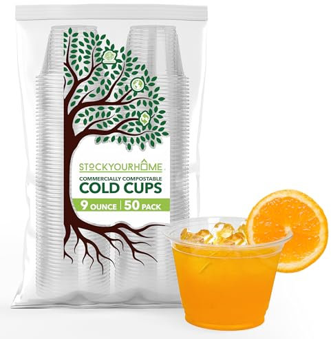 Stock Your Home 9 oz Clear Commercially Compostable Cold Cups Plant Based Eco Party Cup, Environmentally Friendly Recyclable Disposable Sustainable for Water, Wine & Beer Sample (50 Pack)