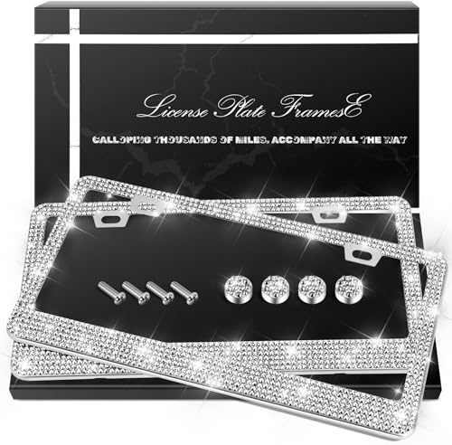 QUANQIUFEI 2 x Bling-Kennzeichenrahmen, glitzernde Strass-Diamant-Auto-Kennzeichenabdeckung für Frauen, Edelstahl-Autozubehör mit Glitzer-Kristallkappen, Silber
