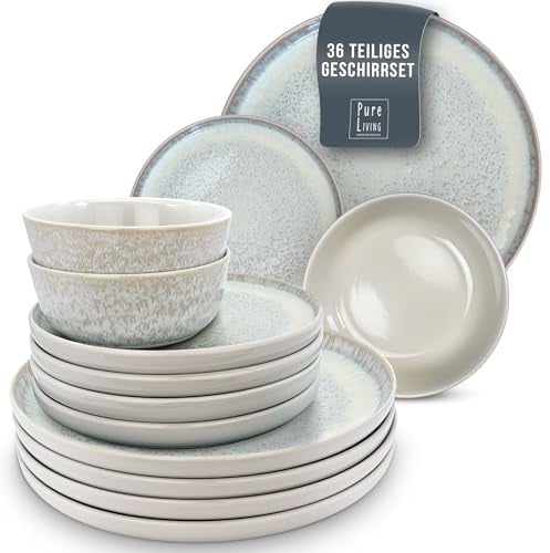 36 Piece Dinner Sets for 12 People - Beautiful Mediterranean Style Stoneware Dinner Set for 12 - Dishwasher & Microwave Safe Plates and Bowls Set for 12 - Dinnerware Sets by Pure Living in Beige