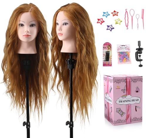 Frisierkopf Echthaar 60% Friseur Übungskopf Frisieren Trainingsköpfe für Friseure Ausbildung Kopf Mit Halter + DIY Haare Set(Blond)