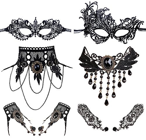 JewelryWe 8 PCS Maske Halskette Armbänder Set Schwarz Sexy Venezianische Spitze Augenmaske Choker Kette Halsband Armreifen Damen Maskerade Kostüm für Halloween Karneval Party Cosplay