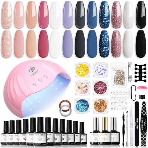 modelones UV Nagellack Set 12 Farben Glitzer Rosa Weiß schwarz,Uv Lampe für Gelnägel 48W-Gel Nagellack -Base Top Coat Gelnägel Set Maniküre Set Nagelstudio Set