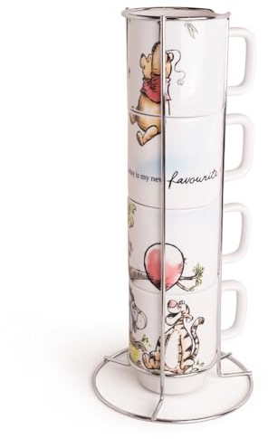Disney Winnie the Pooh - Juego de tazas apilables de cerámica premium, juego de 4, diseños coleccionables, perfecto para té, café, fanáticos, regalo ideal para niños y adultos