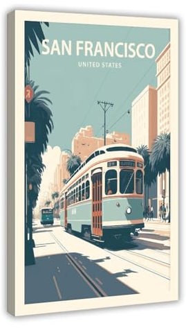 AMATWI San Francisco Reiseposter auf Leinwand mit Trolley-Trolley, Wandkunst, Dekordruck, Bild Gemälde für Wohnzimmer, Schlafzimmer, Dekoration, Rahmen-Stil, 30 x 45 cm