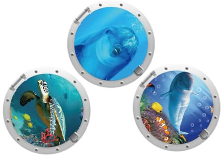 Wisafory 3 Stück 3D Wandtattoo Unterwasserwelt Wandaufkleber Wandsticker Badezimmer Bilder Bullauge Ozean Bild Fische Sticker Wanddeko für Bad Schlafzimmer Wohnzimmer Kinderzimmer 3#