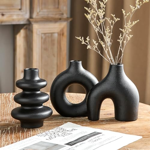 Vase Schwarz Keramik Set von 3, kleine Vasen für Pampasgras Deko, Blumenvase Modern Vasen Deko, Runde Vase Schwarz Matt Mittelstücke für Hochzeit Wohnzimmer Schlafzimmer Couchtisch Eingang Dekor
