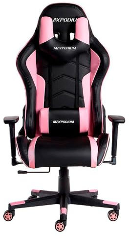 MaxPodium Tactical Gaming Stuhl - Extra Breit 150kg Belastbarkeit-Ergonomischer Bürostuhl - Hohenverstellbar, 3D anpassbare Armlehnen, Rückenlehne neigbar bis 180°, Wippfunktion (Schwarz-Rosa)
