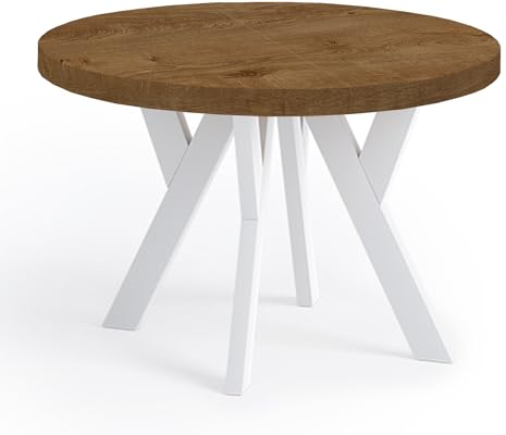 Dekori Möbel Runder Ausziehbarer Tisch für Esszimmer mit Holzbeinen, Pero, Loft-Stil, Skandinavische, Durchmesser Varianten: von 90 bis 220 cm (Eiche Lefkas/Weiß, 110/210 cm)