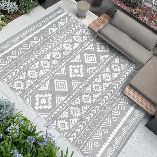 Famibay Alfombra Exterior 245 x 305 cm Motivo geométrico Alfombra Extragrande para Exteriores, Duradera, Plegable Rayos UV Alfombra Exterior terraza para Terraza Balcón Patio Camping Playa