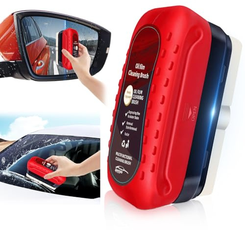 Automotive Oil Film Cleaning Brush with Reusable Foam Sprayer, Upgraded Antifog Glass Cleaning Board, Oil Film Cleaner Windscreen, Versatile Car Glass Cleaner Brush (1, Red)