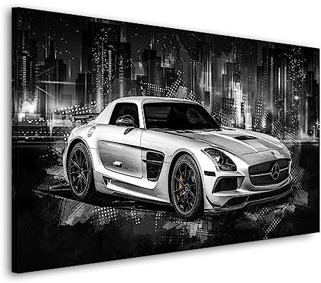 Kunstgestalten24 | Mercedes SLS AMG Abstrakt City Style Auto Leinwand-Bild | mit Echtholz-Keilrahmen | Leinwandbild Wandbild Gemälde Kunst Art | Hochwertige Kunstdrucke | XXL Bilder auf Leinwand