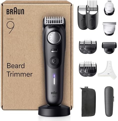 Braun Barttrimmer Series 9, Elektrischer Bartschneider Herren mit 14 Barber-Tools, Lebenslang scharfe Klinge, 180 Min Akkulaufzeit, Kabelloser Bartrasierer, 52 Längen, Wasserdicht, BT9565, Titan