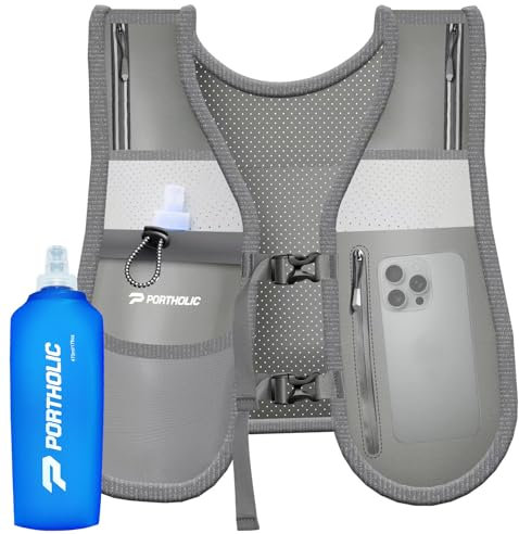 PORTHOLIC Gilet de Course pour Homme et Femme avec Bouteille d'eau de 500 ML | Gilet d'hydratation réglable | Réfléchissant | Léger | 6 Poches | Accessoires de Course pour la randonnée et la Course à