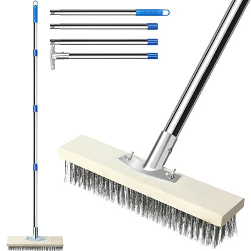 Ezkamfort Wire Broom,With 163cm Adjustable Handle,Rigid Steel Bristles Professional-Grade Outdoor Scrubber for Stubborn Moss,Algae & Debris on Patios,Decks & Gardens