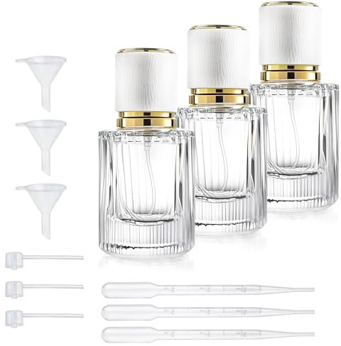 H&D HYALINE & DORA Botella de perfume de vidrio recargable, 3 atomizadores de viaje de 30 ml, dispensador portátil para después del afeitado con bomba de repuesto para viajes de vacaciones (blanco)
