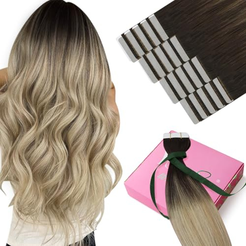 YoungSee Tape Extensions Echthaar Balayage Extensions Echthaar Tape Braun Balayage Blond 45cm Remy Haarextension Tape in für Damen 50g 4/14/60