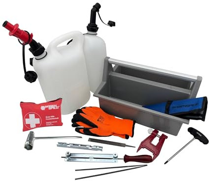 SÄGENSPEZI Forst Starter Kit – Juego de accesorios para motosierras con caballete doble, bidón doble, juego de limas, herramientas, guantes y 1ª ayuda – Leña y forestal – Juego completo