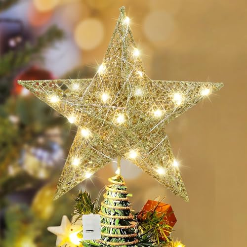 Weihnachtsbaumspitze Stern, Weihnachtsbaum Topper Stern mit LED Licht, Gold Christbaumspitze Sterns Led Baumschmuck Glitzernd für Weihnachtsbaum Heimdekoration Fest Partydekoration