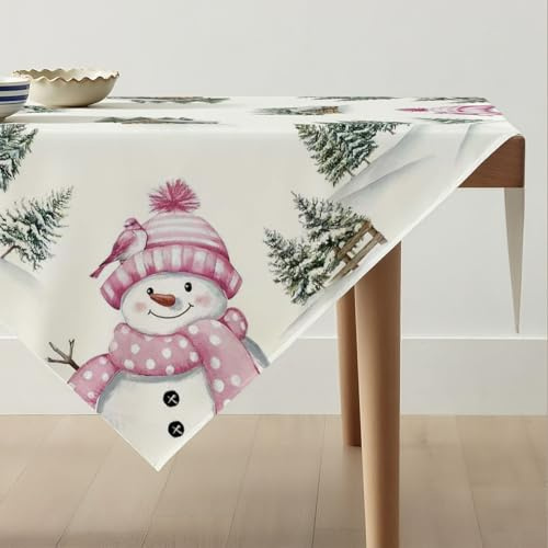 Avalune Tischdecke Weihnachten Rosa Schneemann Mitteldecke Weihnachts Tischdeko Grün Weihnachtsbaum Weihnachtstischdecke Modern Winter Tischwäsche Christmas Decorations für Party Deko 85 x 85 cm