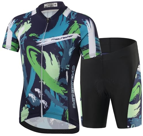 SXSHUN Maglia da ciclismo per bambini, ad asciugatura rapida, a maniche corte e pantaloncini corti con imbottitura 3D, traspirante, abbigliamento da ciclismo, blu + verde., 152-158
