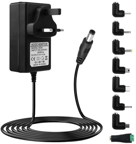 5V DC Power Supply 5V DC 3A 2A 1A Adapter Charger with 8 Tips AC 100-240V to DC 5 Volt 3A 2.5A 2A 1.5A 1A Converter for Baby Monitor Speaker LED Strip Light TV Box Record Player 15W Max, 1M Cord